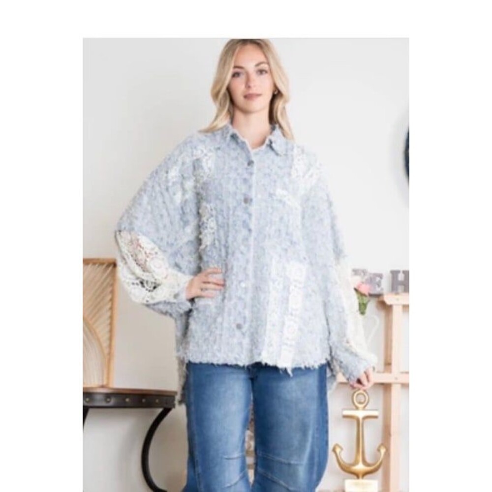 Bluevelvet shacket BLUE VELVET button down shirt tweed lace blue 100% cotton NEW - Picture 5 of 11